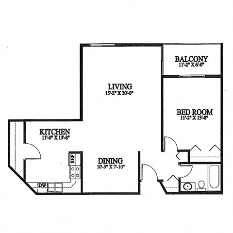 A floor plan of a living space with a kitchen, dining area, and bedroom.