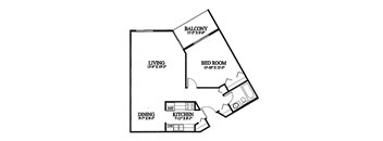 A black and white image of a floor plan for a Balcony, Living room, Dining area and Kitchen.