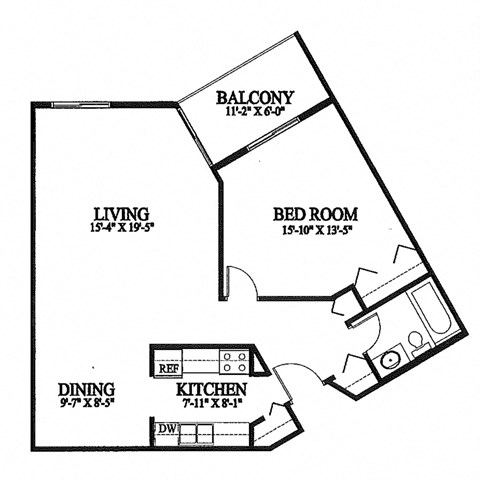 A black and white image of a floor plan for a Balcony, Living room, Dining area and Kitchen.