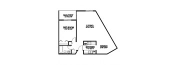 A black and white image of a floor plan for a home with a balcony, bedroom, living room, and kitchen.