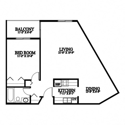 A black and white image of a floor plan for a home with a balcony, bedroom, living room, and kitchen.