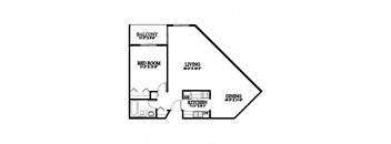A black and white image of a floor plan for a house with a balcony, bedroom, living room, dining room, and kitchen.