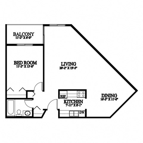 A black and white image of a floor plan for a house with a balcony, bedroom, living room, dining room, and kitchen.