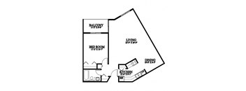 A black and white image of a floor plan for a small apartment.