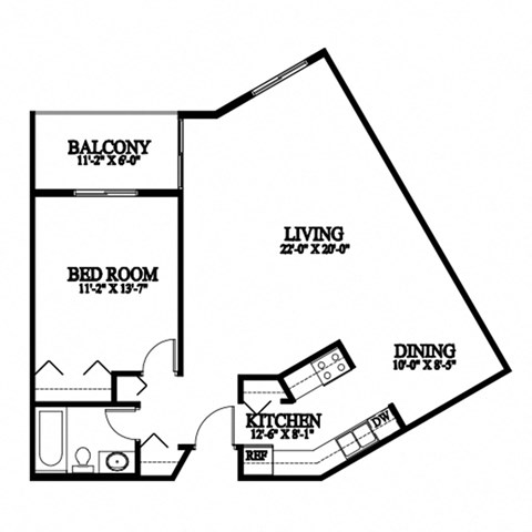 A black and white image of a floor plan for a small apartment.