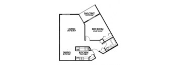 A black and white image of a floor plan for a home with a living room, dining room, kitchen, and bedroom.