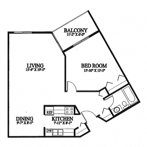 A black and white image of a floor plan for a home with a living room, dining room, kitchen, and bedroom.