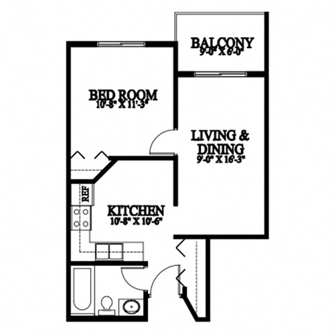 A black and white image of a floor plan for a house with a balcony, bedroom, living and dining room, and kitchen.