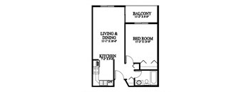 A black and white image of a floor plan for a small apartment.