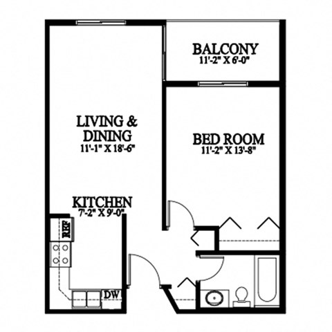 A black and white image of a floor plan for a small apartment.