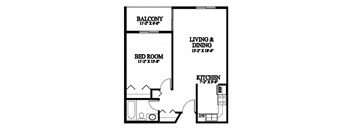 A black and white image of a floor plan for a small apartment.