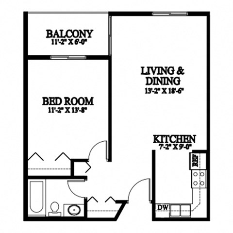 A black and white image of a floor plan for a small apartment.