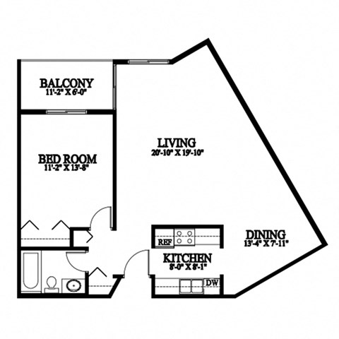 A black and white image of a floor plan for a living space.