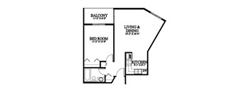 A black and white image of a floor plan for a house with a balcony, bedroom, living and dining area, and kitchen.
