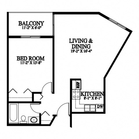 A black and white image of a floor plan for a house with a balcony, bedroom, living and dining area, and kitchen.