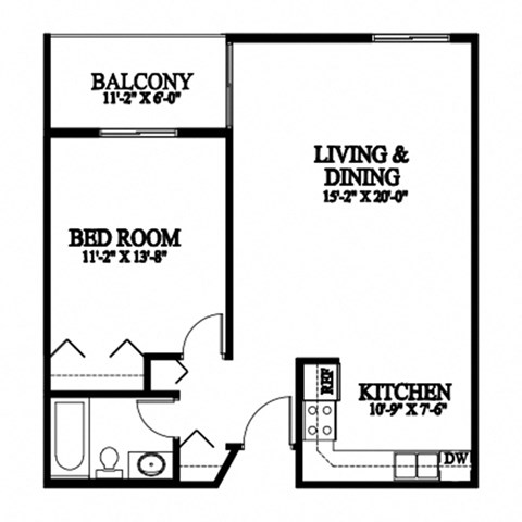 A black and white image of a floor plan for a small apartment.
