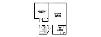 A floor plan of a small apartment with a bedroom, living and dining area, and kitchen.