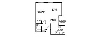 A black and white image of a floor plan for a living room, bedroom, dining area, kitchen, and balcony.