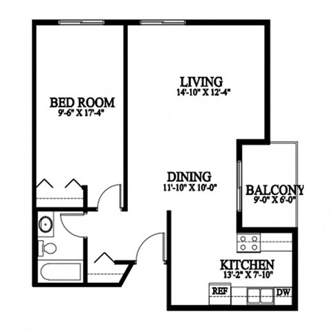 A black and white image of a floor plan for a living room, bedroom, dining area, kitchen, and balcony.