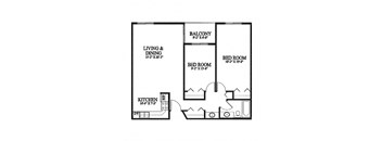 A floor plan of a home with a living and dining area, two bedrooms, a kitchen, and a balcony.