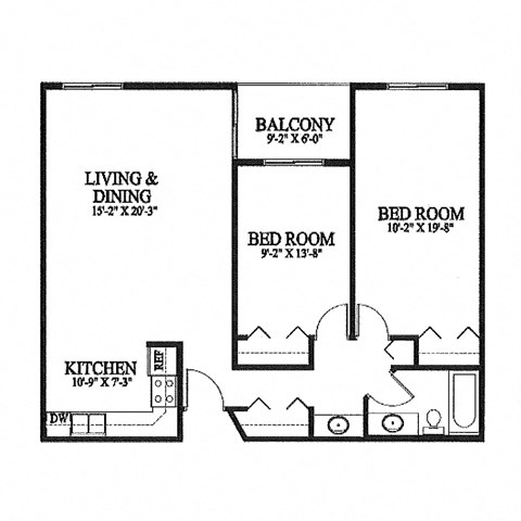 A floor plan of a home with a living and dining area, two bedrooms, a kitchen, and a balcony.