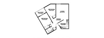 A black and white image of a floor plan for a home with a balcony, two bedrooms, a living room, a dining room, and a kitchen.