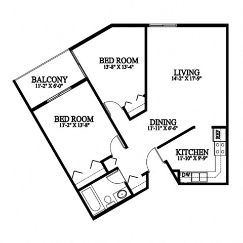 A black and white image of a floor plan for a home with a balcony, two bedrooms, a living room, a dining room, and a kitchen.