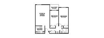 A black and white image of a floor plan for a home with a living and dining area, kitchen, and two bedrooms.