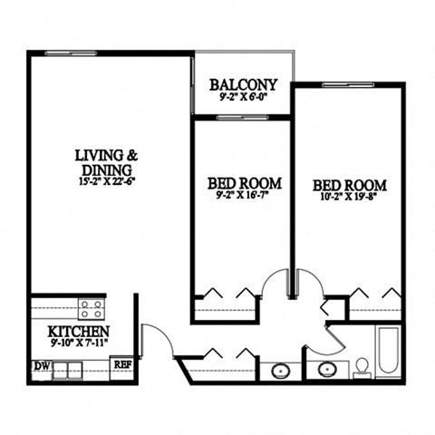 A black and white image of a floor plan for a home with a living and dining area, kitchen, and two bedrooms.