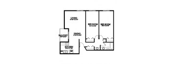 A black and white image of a floor plan for a house with a living room, dining room, kitchen, and two bedrooms.