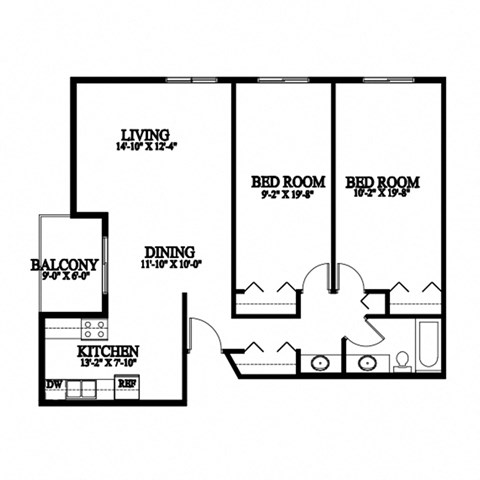 A black and white image of a floor plan for a house with a living room, dining room, kitchen, and two bedrooms.