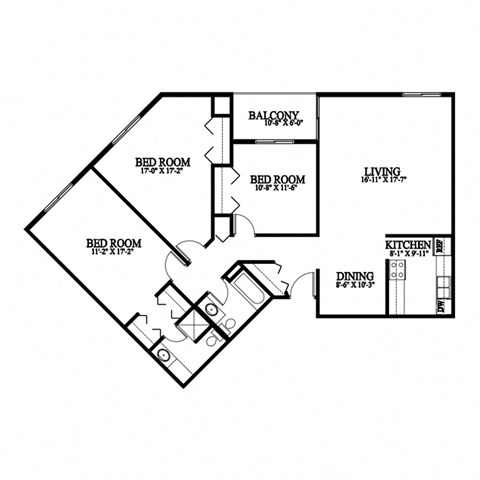 A black and white image of a floor plan for a home with three bedrooms, a living room, a kitchen, and a dining area.