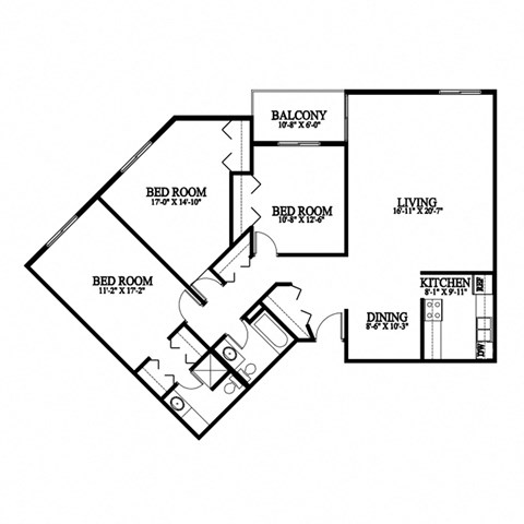 A black and white image of a floor plan for a house with a balcony, three bedrooms, a living room, a kitchen, and a dining area.