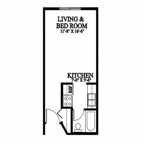A floor plan of a small apartment with a living and bedroom area and a kitchen.