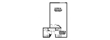 A floor plan of a two-bedroom apartment with a living room, dining room, and kitchen.
