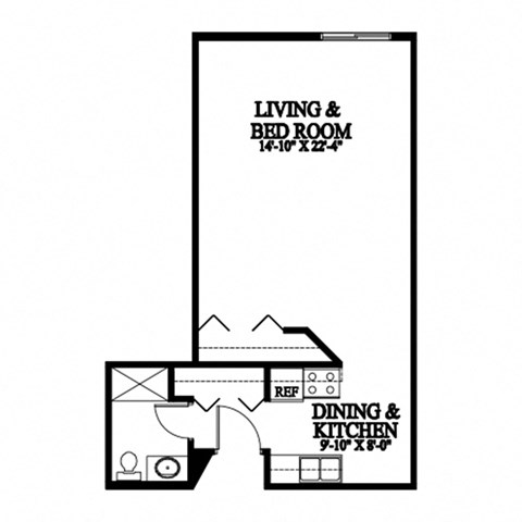 A floor plan of a two-bedroom apartment with a living room, dining room, and kitchen.