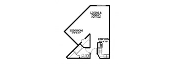 A floor plan of a small apartment with a bedroom, living and dining area, and kitchen.
