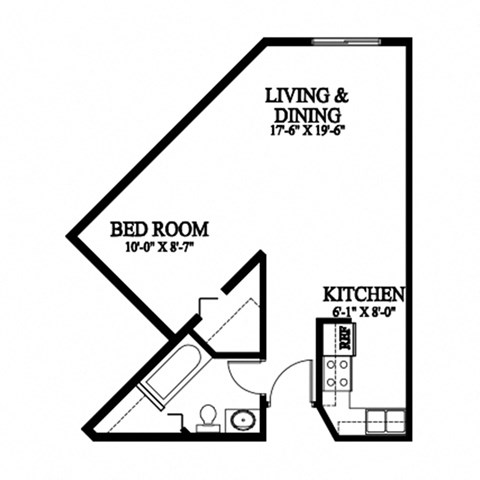 A floor plan of a small apartment with a bedroom, living and dining area, and kitchen.
