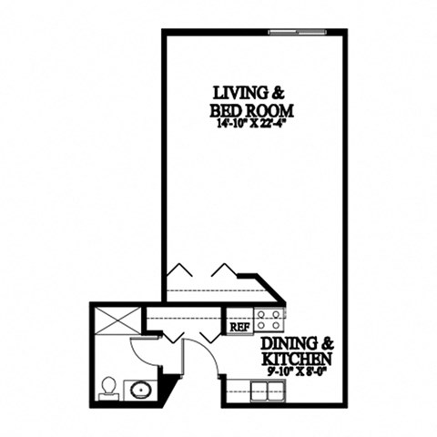A floor plan of a living and bedroom with a dining and kitchen area.