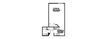 A floor plan of a living and bedroom with a dining and kitchen area.