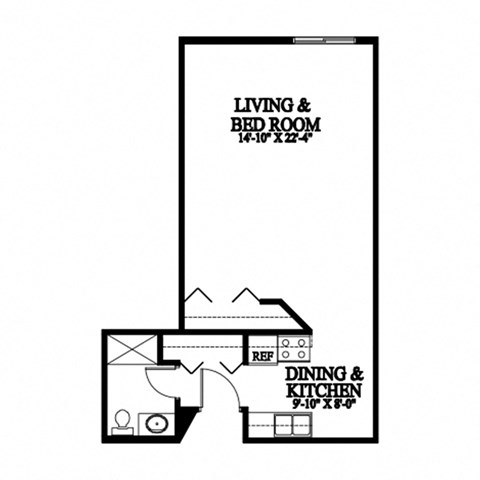 A floor plan of a living and bedroom with a dining and kitchen area.