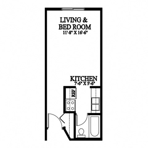 A floor plan of a small apartment with a living and bedroom area and a kitchen.