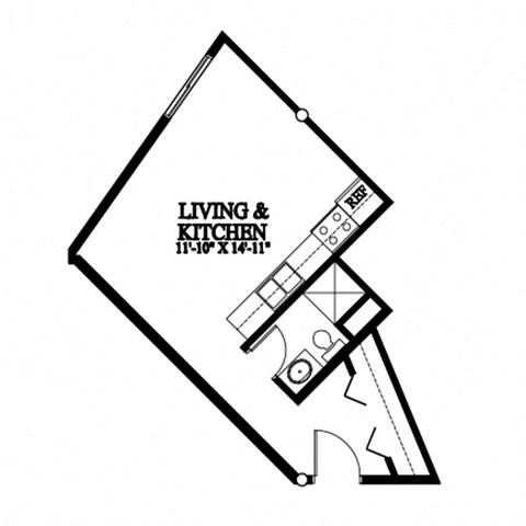 A black and white floor plan for a living and kitchen area.