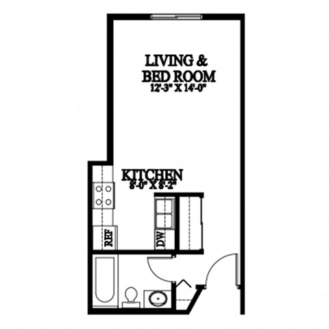 A floor plan of a small apartment with a living and bedroom area and a kitchen.