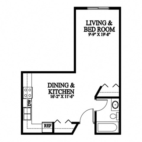 A floor plan shows a living and bedroom area that is 9.9 by 19.8 feet and a dining and kitchen area that is 16.2 by 11.6 feet.