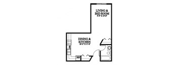 A floor plan of a small apartment with a living and bedroom area and a dining and kitchen area.