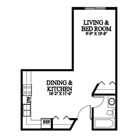 A floor plan of a small apartment with a living and bedroom area and a dining and kitchen area.