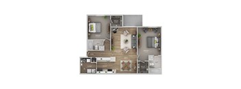 A floor plan of a house with a living room, kitchen, and bathrooms.