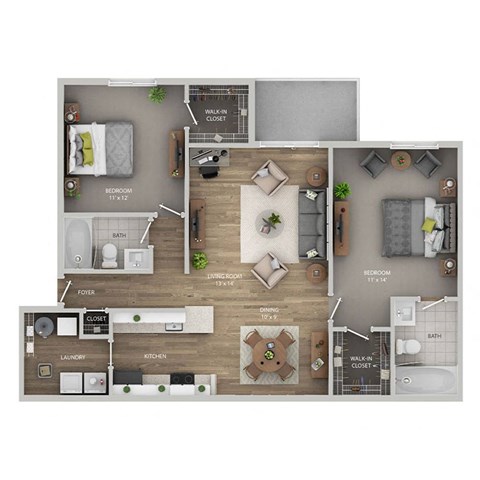 A floor plan of a house with a living room, kitchen, and bathrooms.