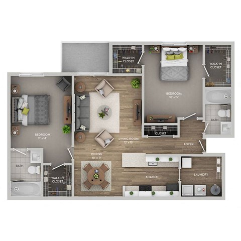 A floor plan of a house with a living room, dining room, kitchen, and bedrooms.